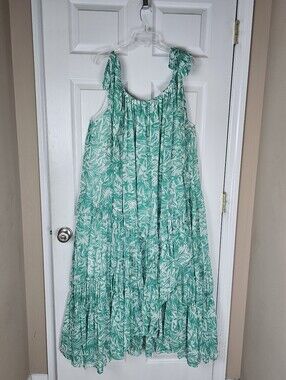 Roaman's Kelly Green Multi Tiered Lined Maxi Dress Shoulder Tie 30/32 3X Wispy